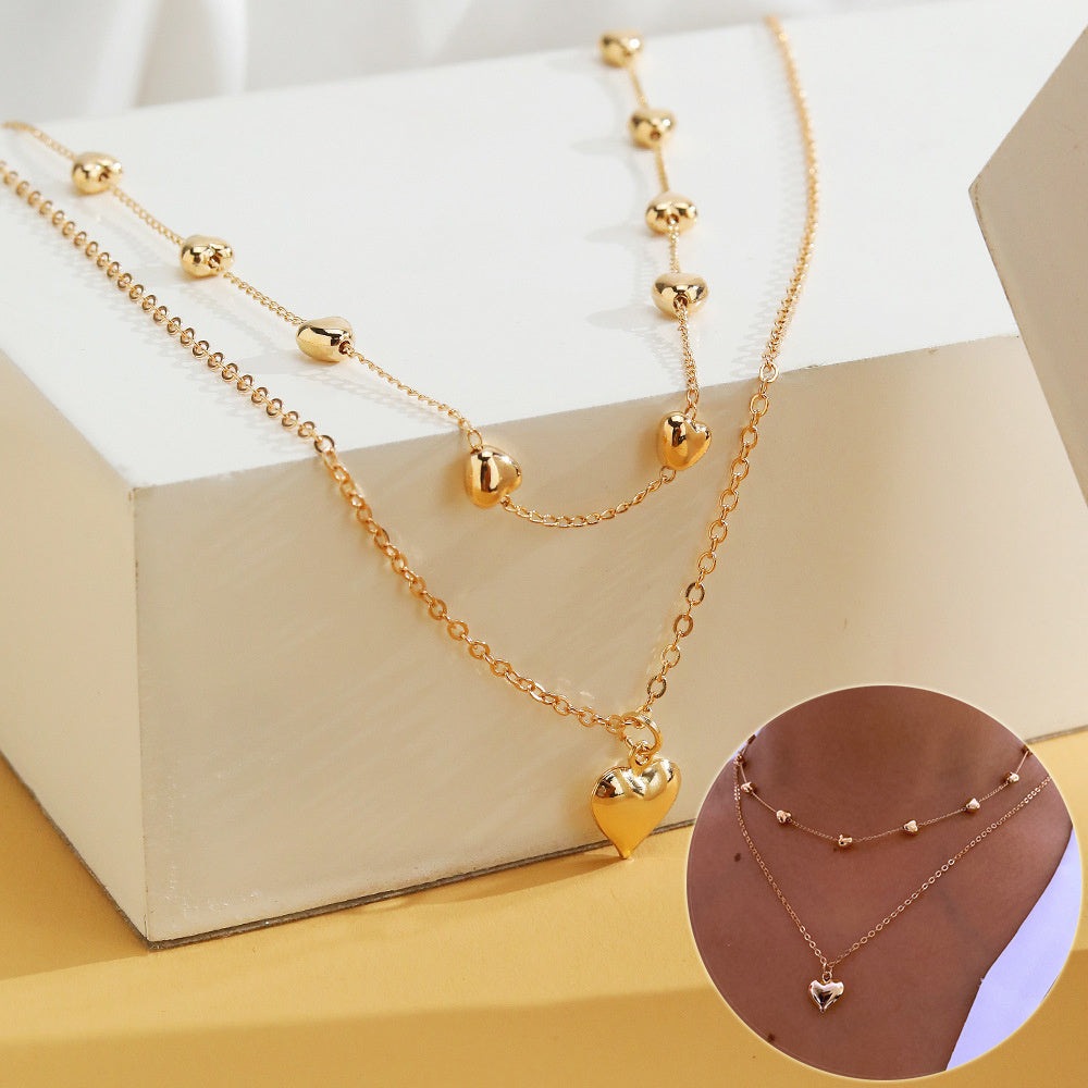 Double-layer Heart Pendant Fine Chain Neckllace Jewelry Accessories