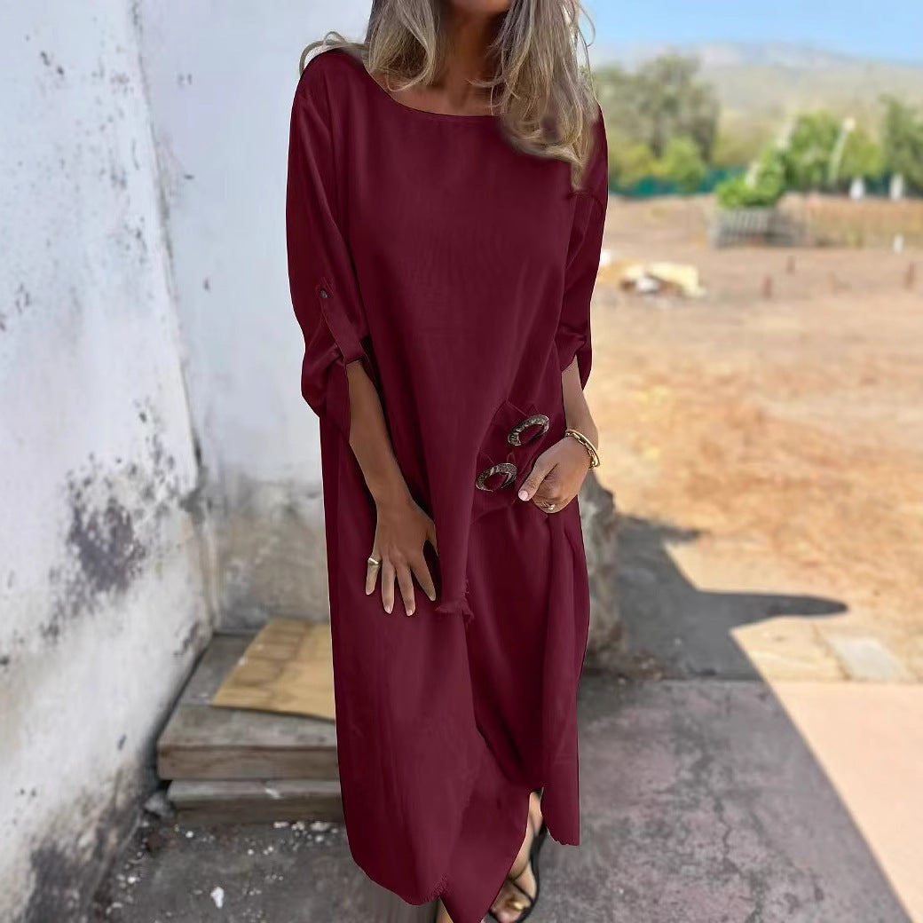 Loose Irregular Long Suit With Metal Button Design Round Neck Long-sleeved Top And Straight Trousers Fashion Wide-leg Pants Women's Clothing - fizzle