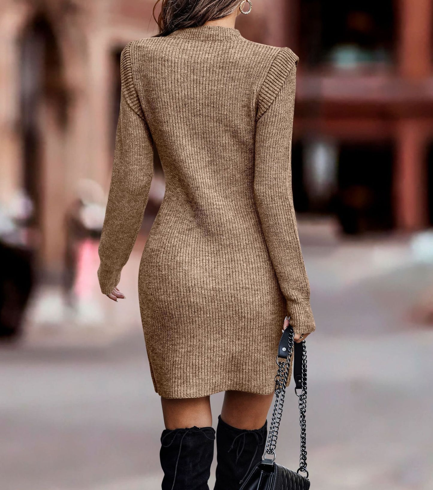 Solid Color Round Neck Long Sleeve Sexy Dress Sweater - fizzle
