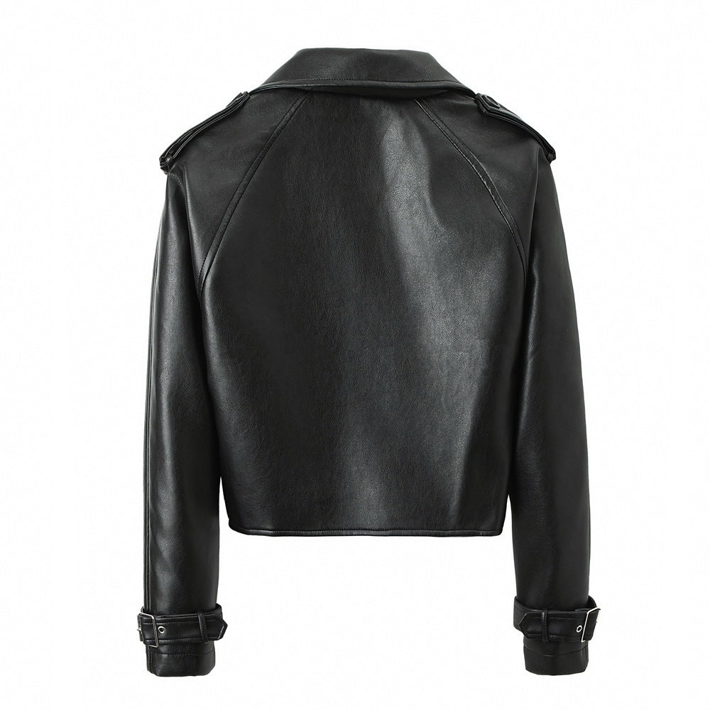 Women's Solid Color Casual Loose Fit Leather Jacket - fizzle