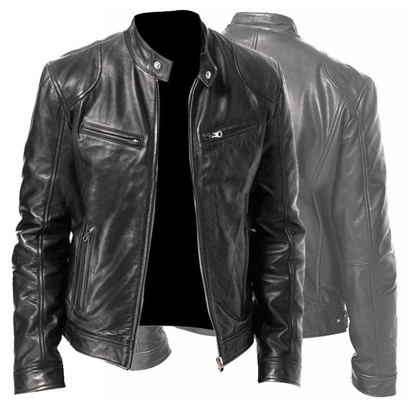 Men's Zip Cardigan PU Leather Jacket With Stand Collar - fizzle