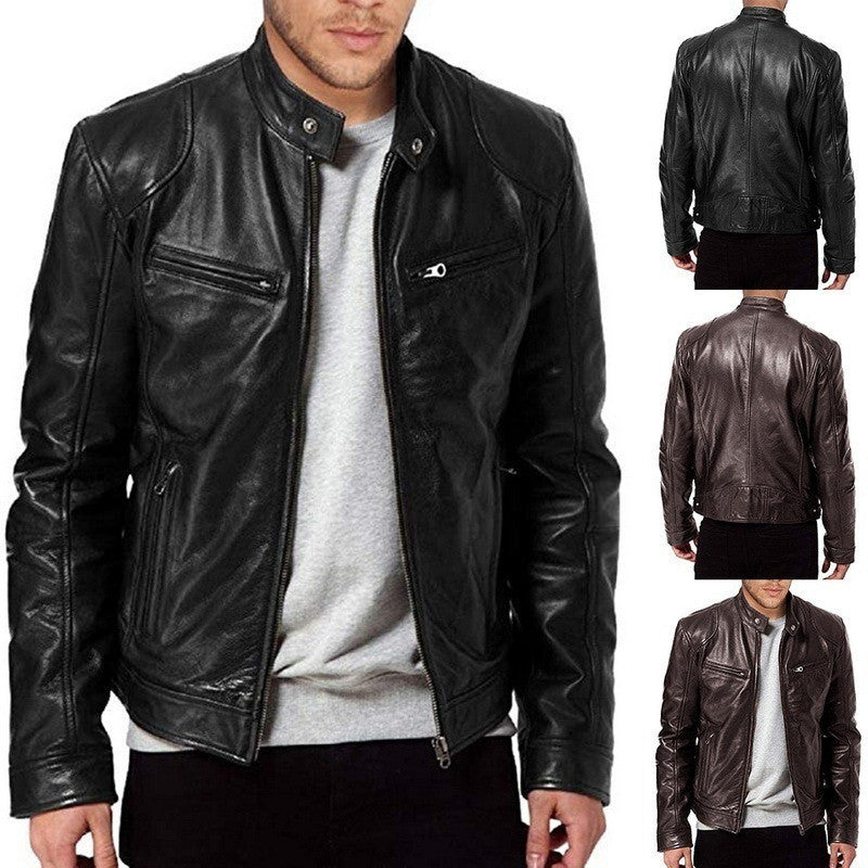 Men's Zip Cardigan PU Leather Jacket With Stand Collar - fizzle