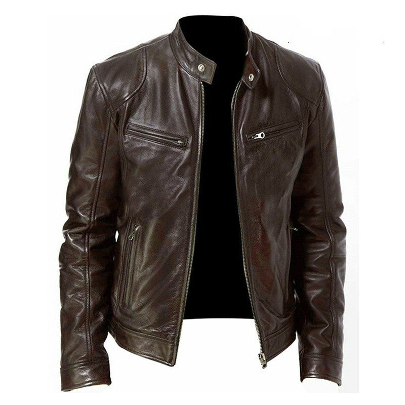 Men's Zip Cardigan PU Leather Jacket With Stand Collar - fizzle