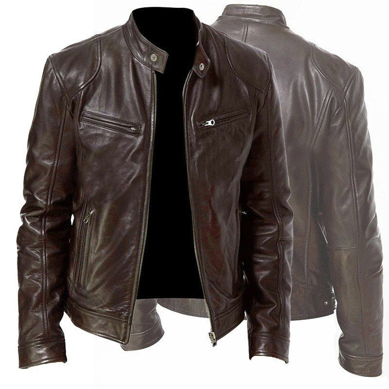Men's Zip Cardigan PU Leather Jacket With Stand Collar - fizzle