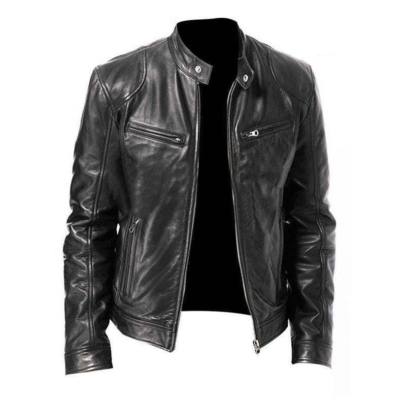 Men's Zip Cardigan PU Leather Jacket With Stand Collar - fizzle