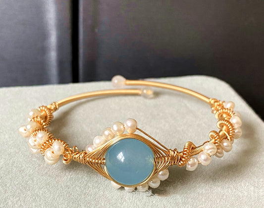 14K GoldWrapped Handmade Bracelet Hailan Baohai Sapphire Natural White Pearl Bracelet - fizzle