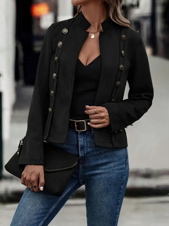Solid Short Jacket Double Breasted Decorative Design Fashion Retro Suede Long Sleeve Coat - fizzle