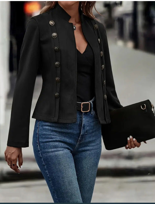 Solid Short Jacket Double Breasted Decorative Design Fashion Retro Suede Long Sleeve Coat - fizzle