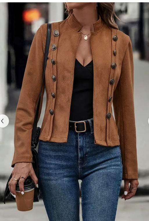 Solid Short Jacket Double Breasted Decorative Design Fashion Retro Suede Long Sleeve Coat - fizzle