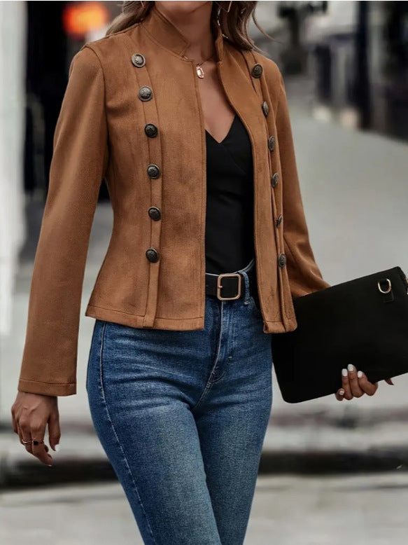 Solid Short Jacket Double Breasted Decorative Design Fashion Retro Suede Long Sleeve Coat - fizzle
