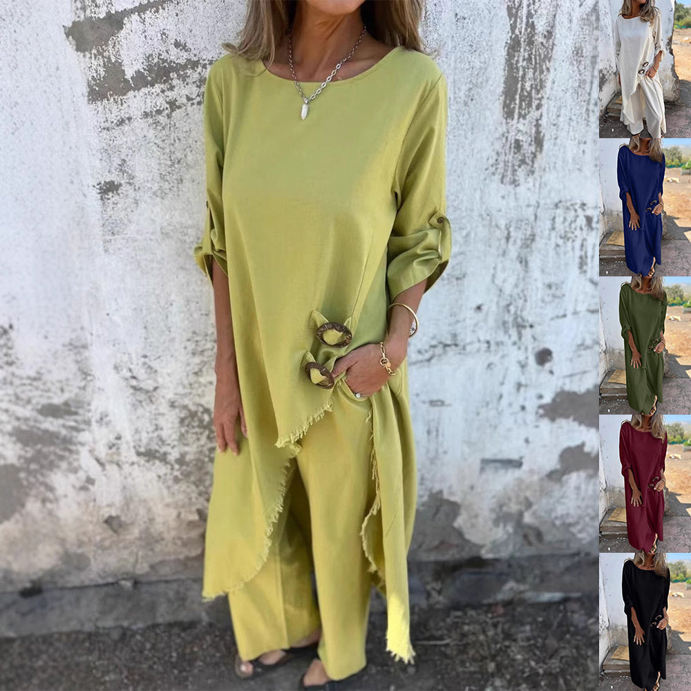 Loose Irregular Long Suit With Metal Button Design Round Neck Long-sleeved Top And Straight Trousers Fashion Wide-leg Pants Women's Clothing - fizzle