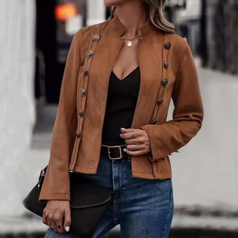 Solid Short Jacket Double Breasted Decorative Design Fashion Retro Suede Long Sleeve Coat - fizzle