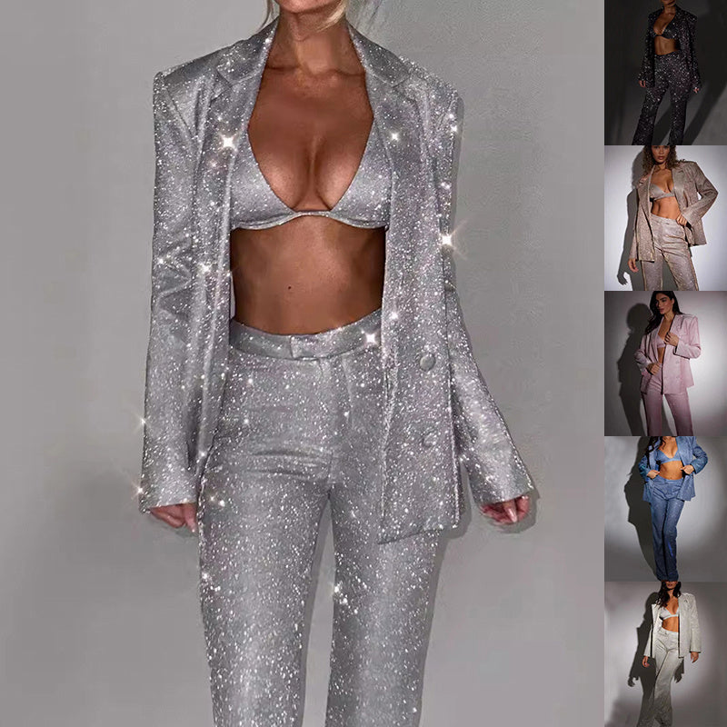 3pcs Shiny Long-sleeved Suit With Bra Lapel Blazer And Straight-leg Trousers Fashion Party Set