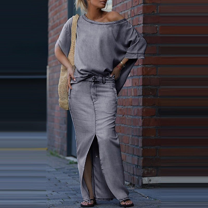 Two-piece Skirt Suits Fashion Loose Bat-sleeved Short Sleeve Top And Slim Fit Slit Maxi Skirt Patchwork Chic Outfit Women's Clothing - fizzle