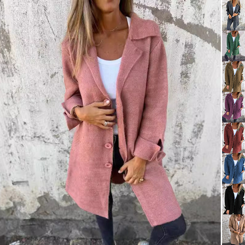 Lapel Single Breasted Cardigan With Pockets Fashion Color Solid Mid-Length Coat Womens Clothing - fizzle