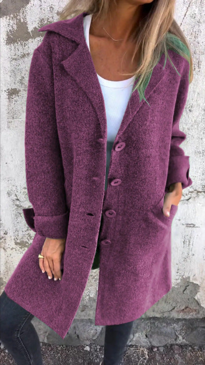 Lapel Single Breasted Cardigan With Pockets Fashion Color Solid Mid-Length Coat Womens Clothing - fizzle