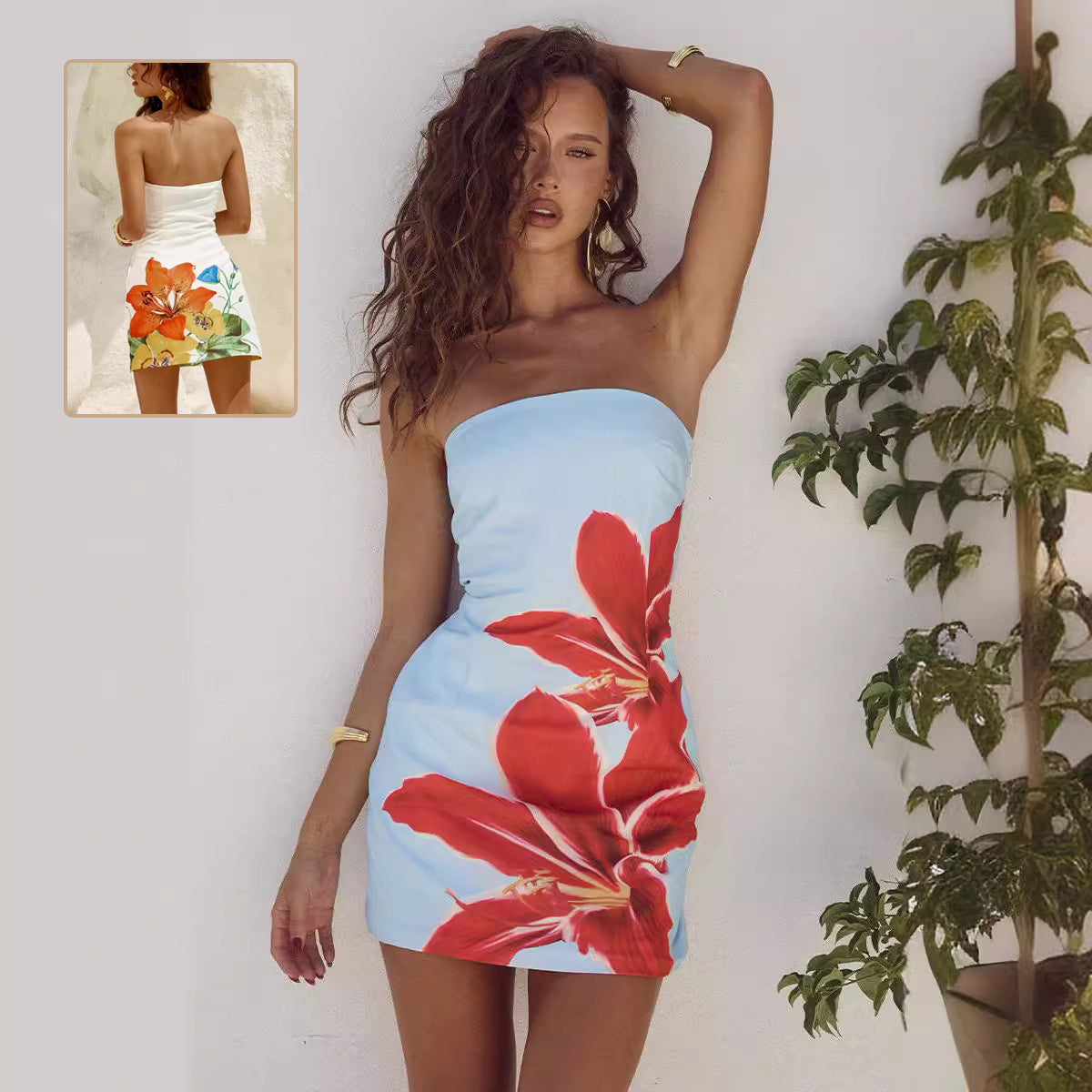 Women's Tube Top Flower Print Slim Sheath Short Dress - fizzle