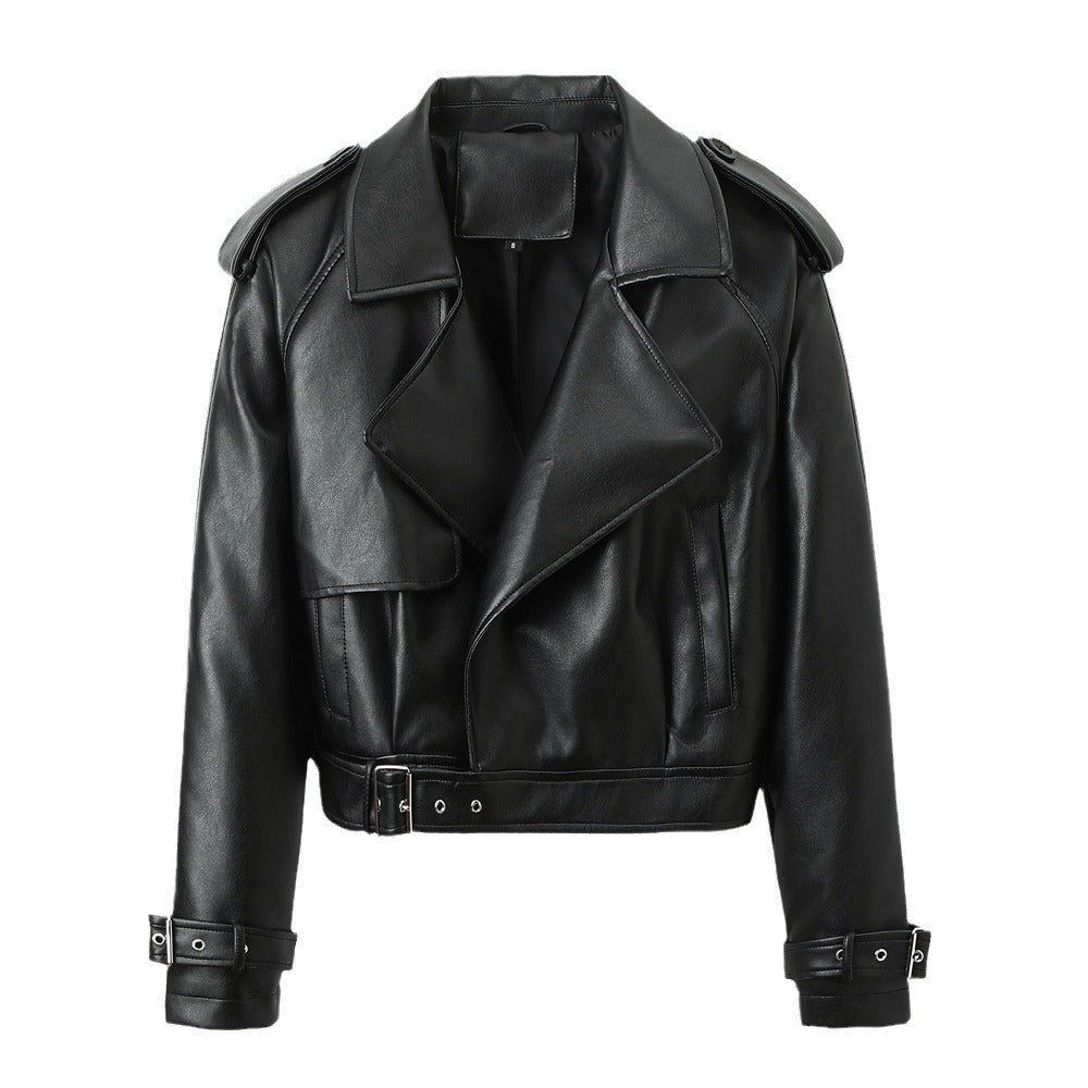 Women's Solid Color Casual Loose Fit Leather Jacket - fizzle