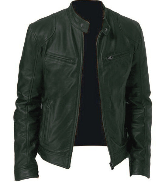 Men's Zip Cardigan PU Leather Jacket With Stand Collar - fizzle