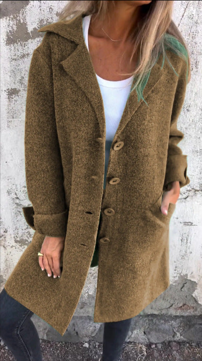 Lapel Single Breasted Cardigan With Pockets Fashion Color Solid Mid-Length Coat Womens Clothing - fizzle