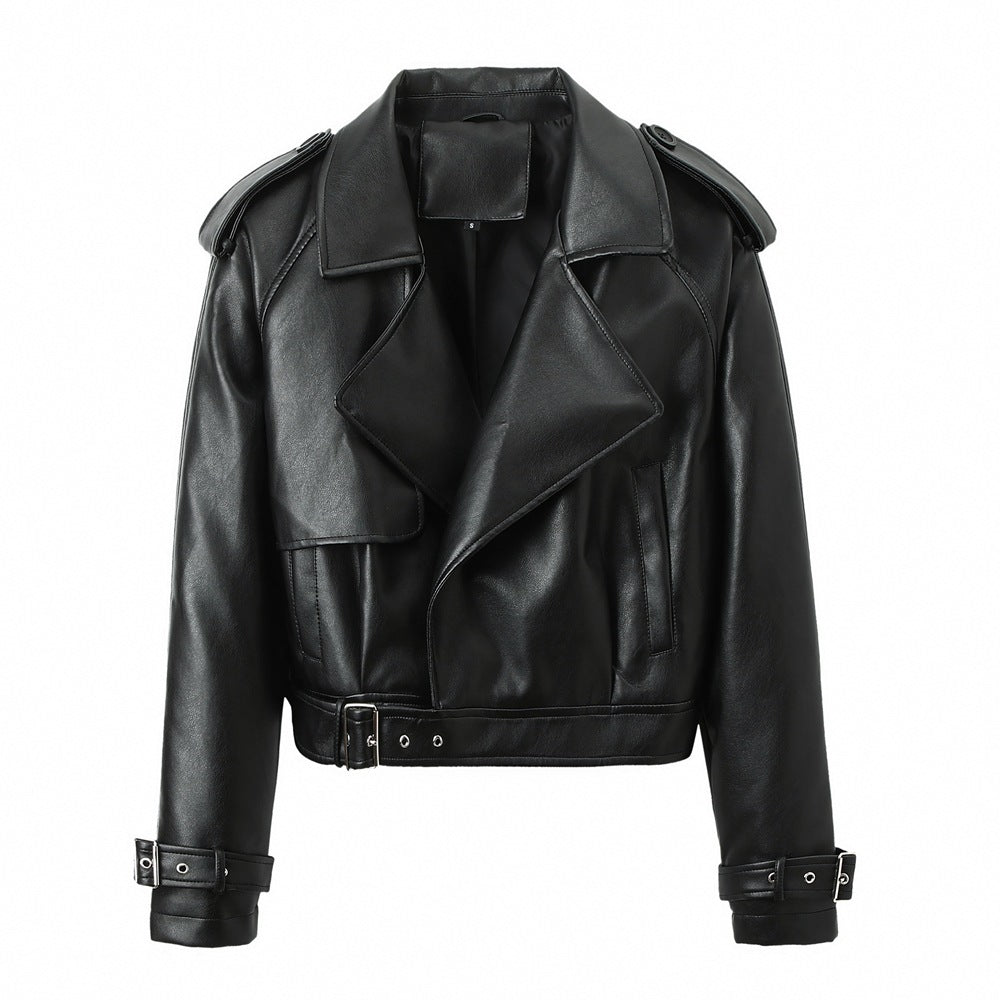Women's Solid Color Casual Loose Fit Leather Jacket - fizzle