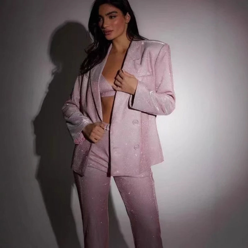 3pcs Shiny Long-sleeved Suit With Bra Lapel Blazer And Straight-leg Trousers Fashion Party Set