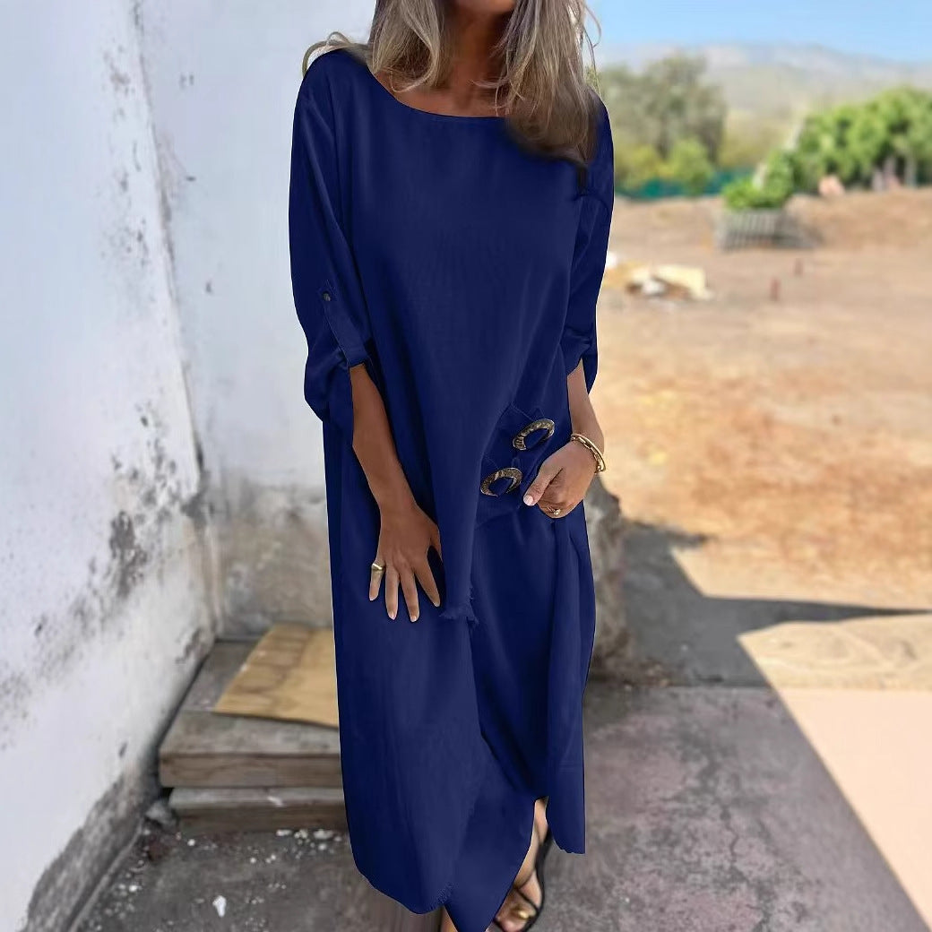 Loose Irregular Long Suit With Metal Button Design Round Neck Long-sleeved Top And Straight Trousers Fashion Wide-leg Pants Women's Clothing - fizzle