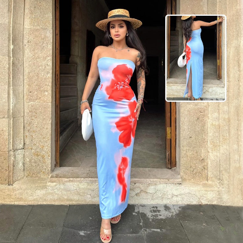 Slim Slit Tube Long Dress Summer Sexy Pint Party Beach Dresses - fizzle