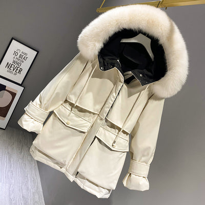 Hooded Faux Fur Collar Big Pocket Down Jacket Female Winter Coat