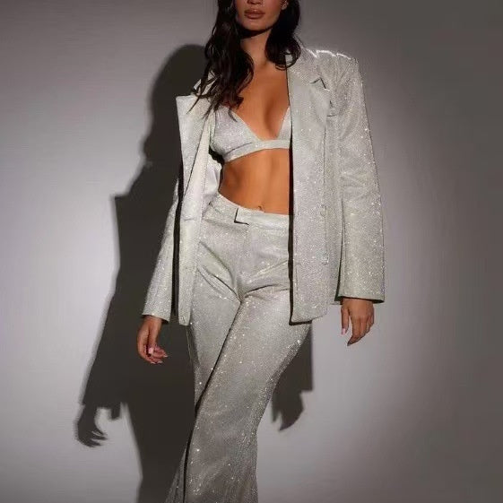 3pcs Shiny Long-sleeved Suit With Bra Lapel Blazer And Straight-leg Trousers Fashion Party Set