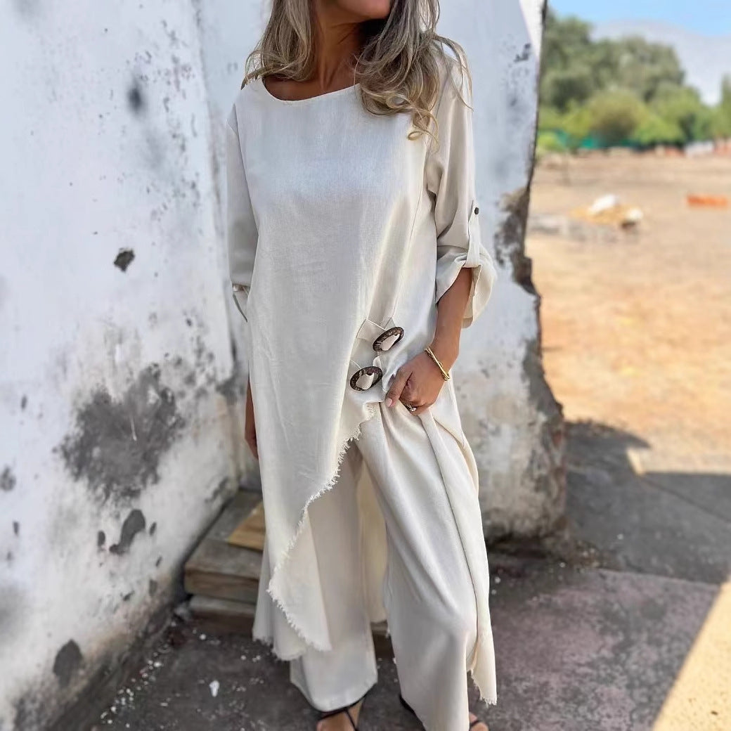 Loose Irregular Long Suit With Metal Button Design Round Neck Long-sleeved Top And Straight Trousers Fashion Wide-leg Pants Women's Clothing - fizzle