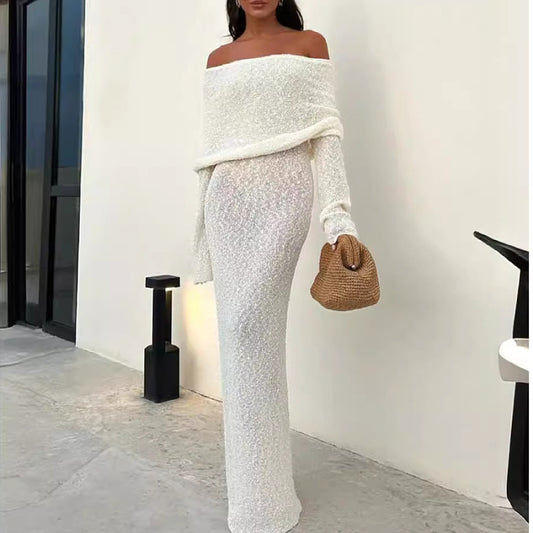 French-style One-shoulder Knitted Dress Fashion Party Beach Long-sleeved Long Dresses Fall Wainter Women's Clothing - fizzle