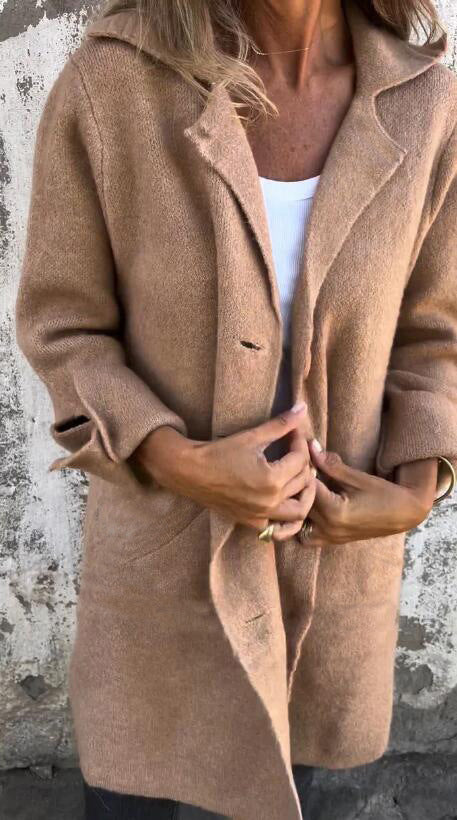 Lapel Single Breasted Cardigan With Pockets Fashion Color Solid Mid-Length Coat Womens Clothing - fizzle