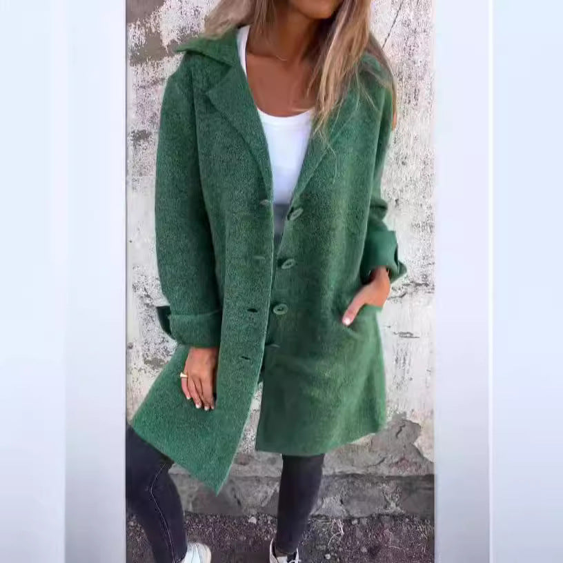Lapel Single Breasted Cardigan With Pockets Fashion Color Solid Mid-Length Coat Womens Clothing - fizzle