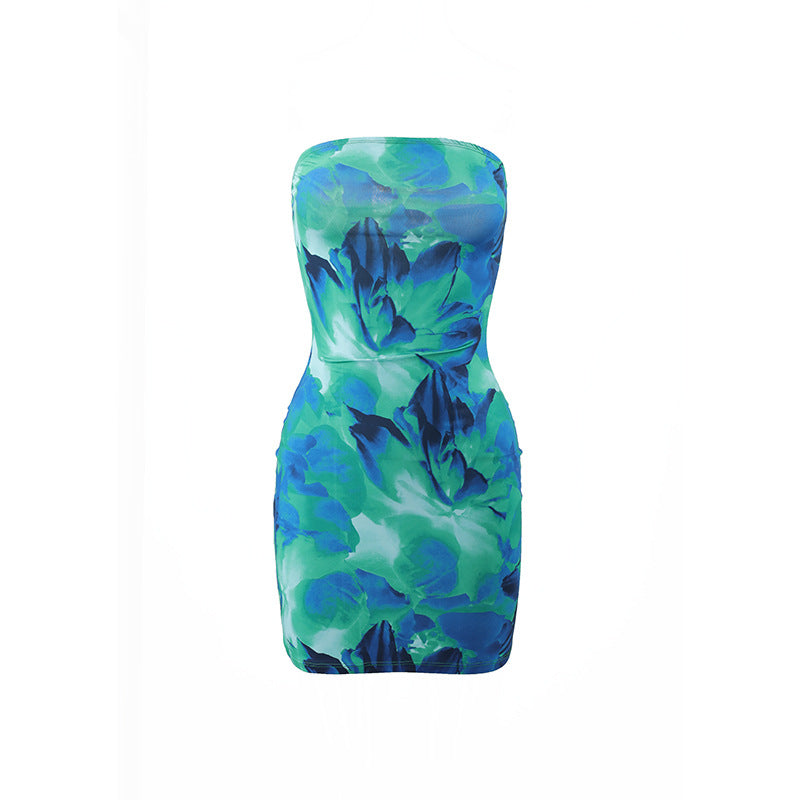 Women's Tube Top Flower Print Slim Sheath Short Dress - fizzle
