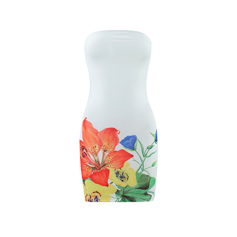 Women's Tube Top Flower Print Slim Sheath Short Dress - fizzle