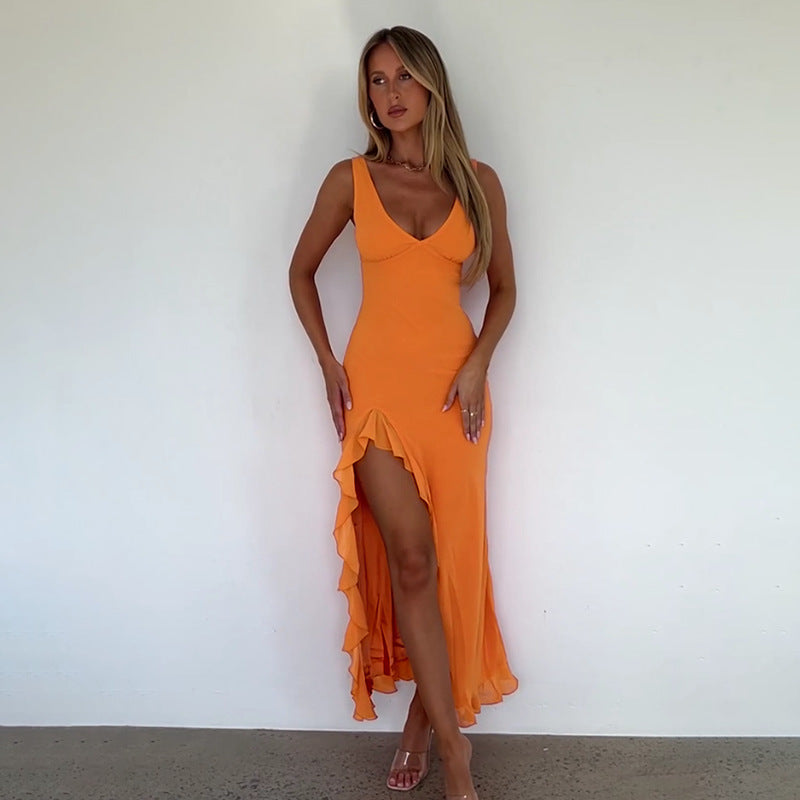 Women's Slim-fit pender 8887 v8Dress V-neck Flounce. - fizzle