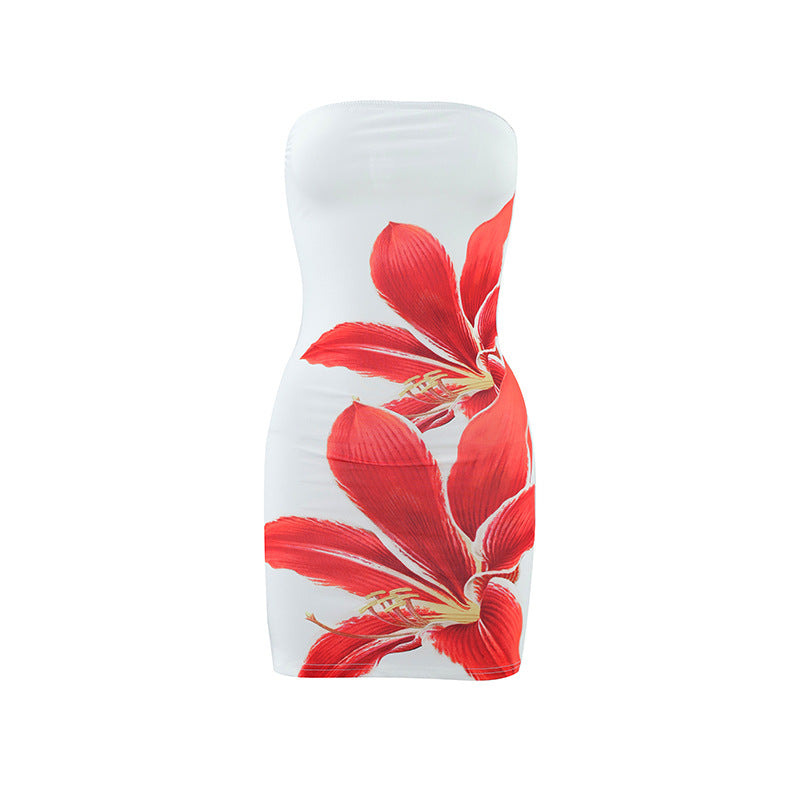 Women's Tube Top Flower Print Slim Sheath Short Dress - fizzle