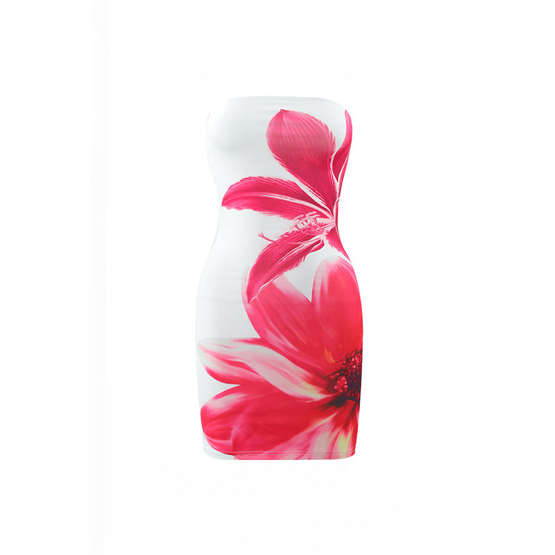 Women's Tube Top Flower Print Slim Sheath Short Dress - fizzle