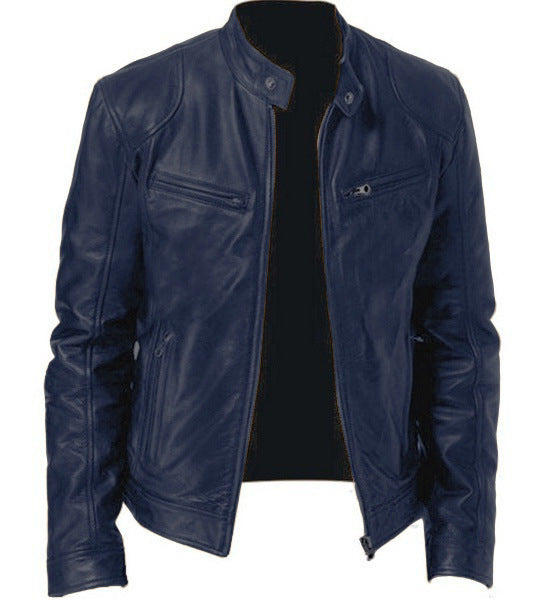 Men's Zip Cardigan PU Leather Jacket With Stand Collar - fizzle