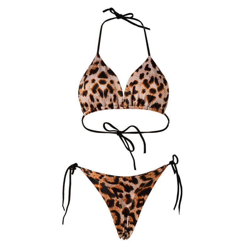 Solid Color Lace-up Three-point T-back Swimsuit - fizzle