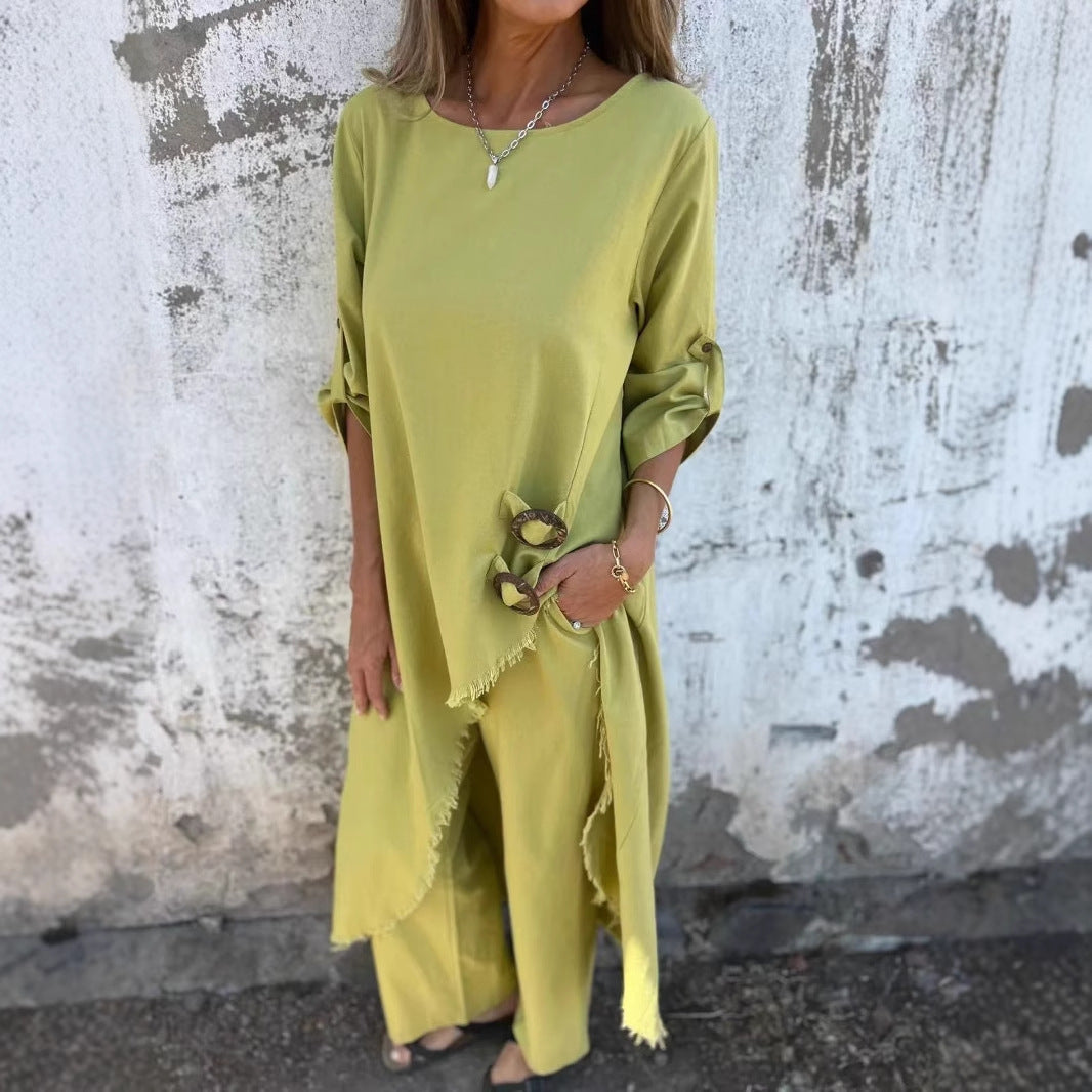 Loose Irregular Long Suit With Metal Button Design Round Neck Long-sleeved Top And Straight Trousers Fashion Wide-leg Pants Women's Clothing - fizzle