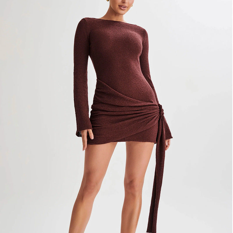 Fashion Slim Long-sleeved Dress Y2K Sexy Hip-hugging V-shaped Backless Short Dress - fizzle