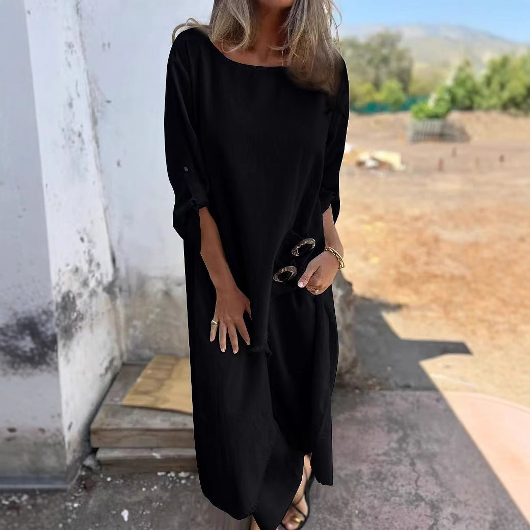Loose Irregular Long Suit With Metal Button Design Round Neck Long-sleeved Top And Straight Trousers Fashion Wide-leg Pants Women's Clothing - fizzle