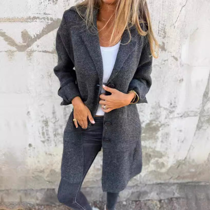 Lapel Single Breasted Cardigan With Pockets Fashion Color Solid Mid-Length Coat Womens Clothing - fizzle