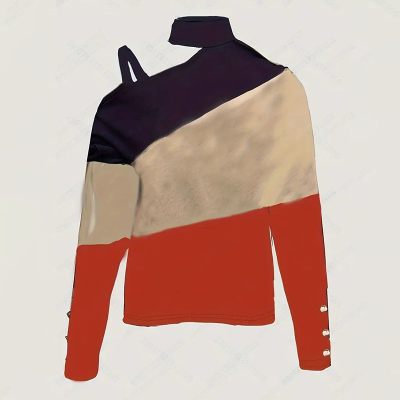 Women's Elegant Zip-Front Blouse, Button Detail Cold Shoulder Top With Color-Block Design For Layering