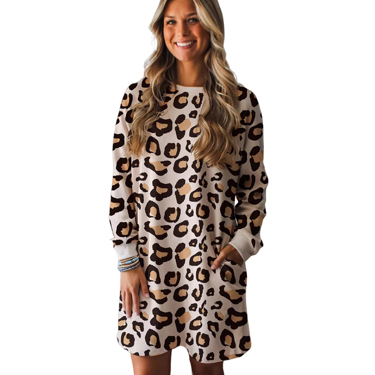 Womens Relaxed Casual Leopard-print Long-sleeve Dress - fizzle