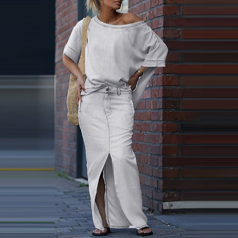 Two-piece Skirt Suits Fashion Loose Bat-sleeved Short Sleeve Top And Slim Fit Slit Maxi Skirt Patchwork Chic Outfit Women's Clothing - fizzle
