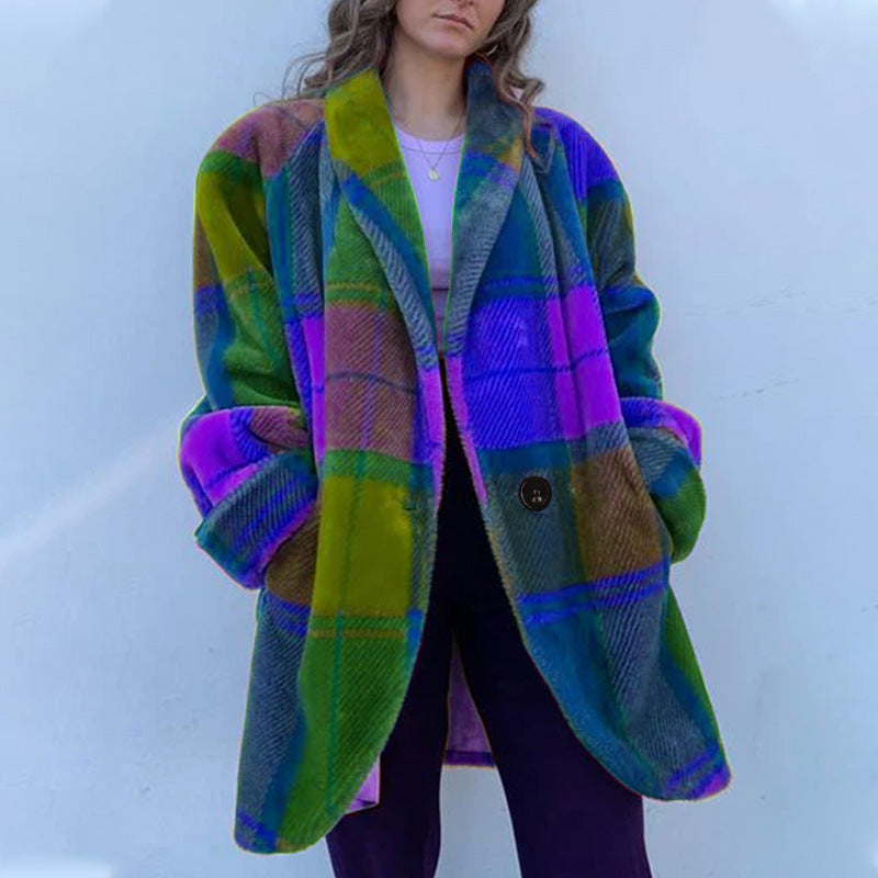 Rainbow Color Plaid Lapel Jacket With Pockets  Coat For Women Clothing - fizzle
