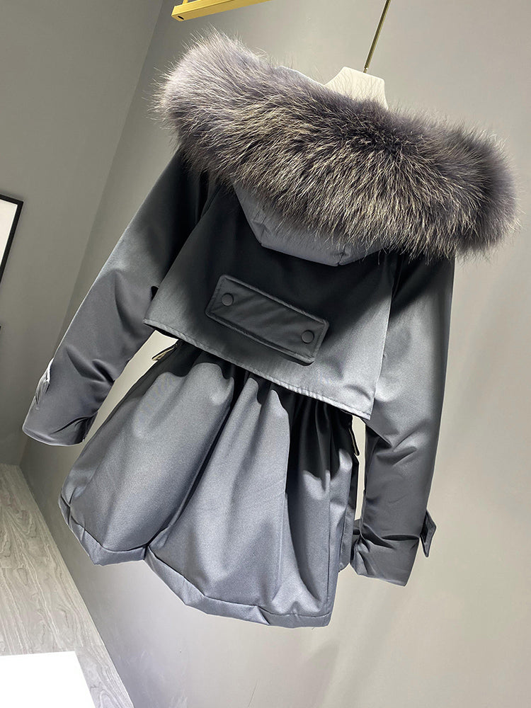 Hooded Faux Fur Collar  Big Pocket Down Jacket Female Winter Coat